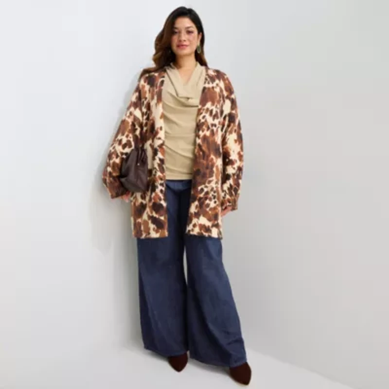 Worthington Womens Long Sleeve Open Front Plus Cheetah Cardigan
