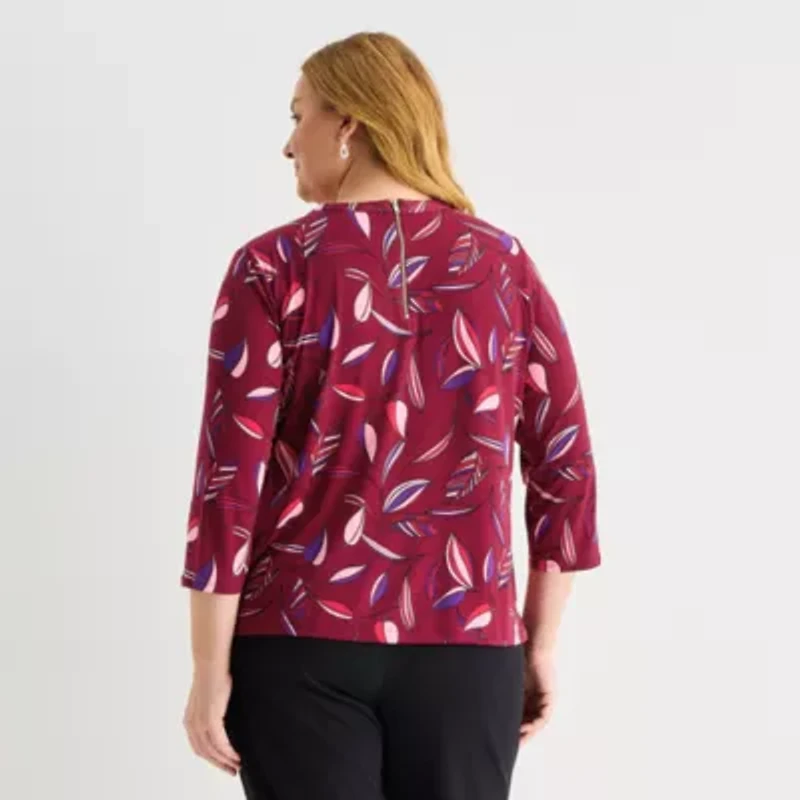 Liz Claiborne Womens Plus Crew Neck 3/4 Sleeve Blouse