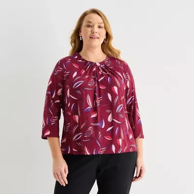 Liz Claiborne Womens Plus Crew Neck 3/4 Sleeve Blouse