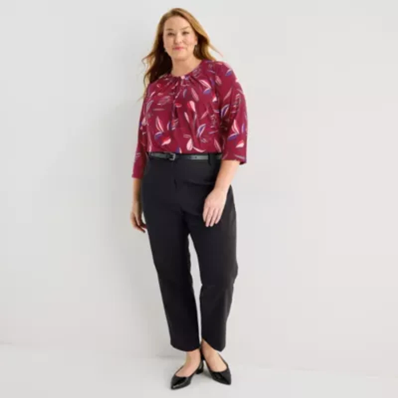 Liz Claiborne Womens Plus Crew Neck 3/4 Sleeve Blouse