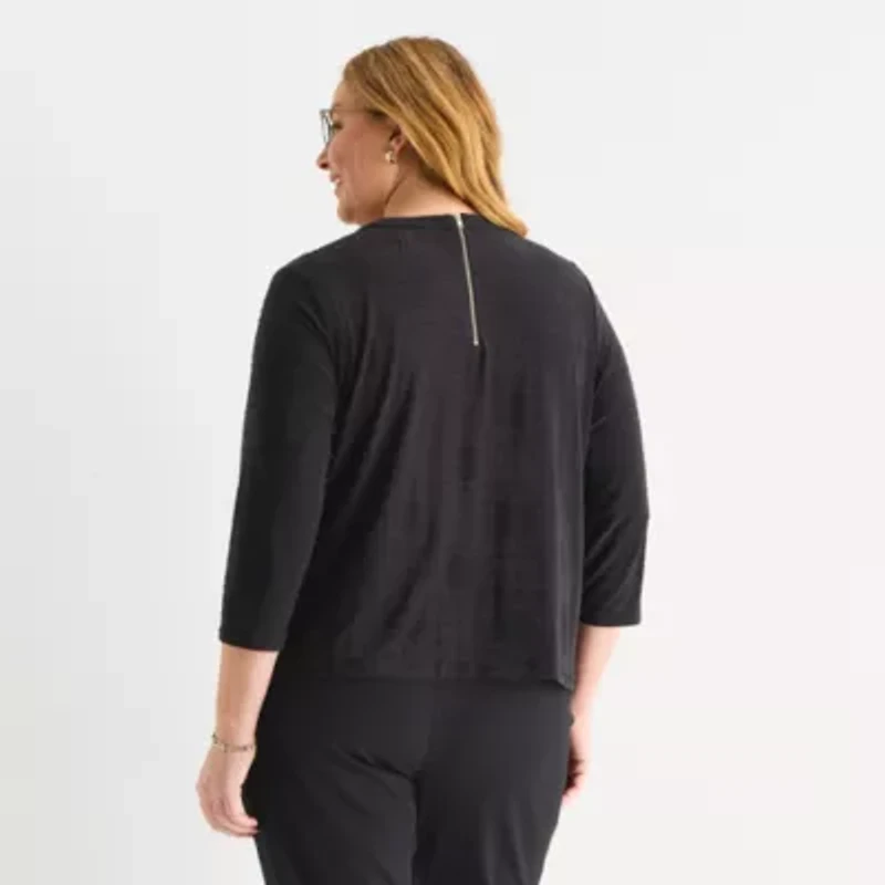 Liz Claiborne Womens Plus Crew Neck 3/4 Sleeve Blouse