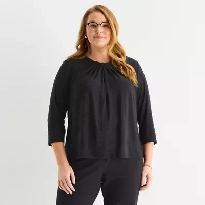 Liz Claiborne Womens Plus Crew Neck 3/4 Sleeve Blouse
