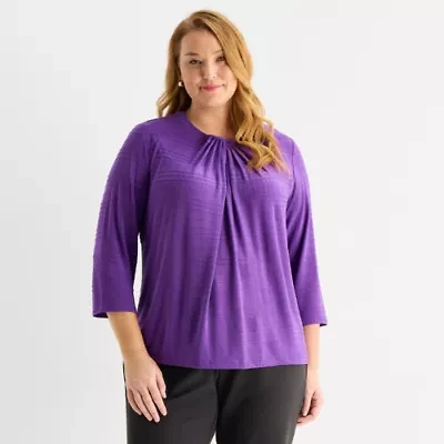 Liz Claiborne Womens Plus Crew Neck 3/4 Sleeve Blouse
