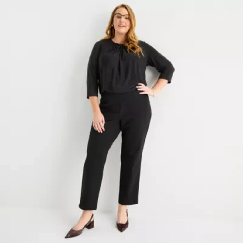 Liz Claiborne Womens Plus Crew Neck 3/4 Sleeve Blouse