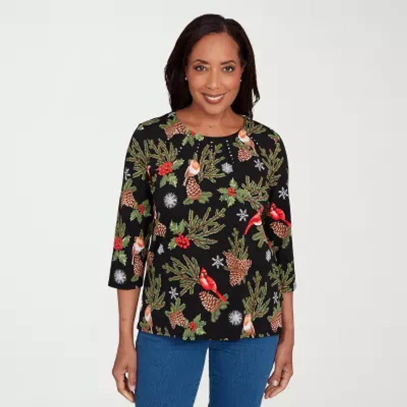 Alfred Dunner Classics Womens Crew Neck 3/4 Sleeve T-Shirt