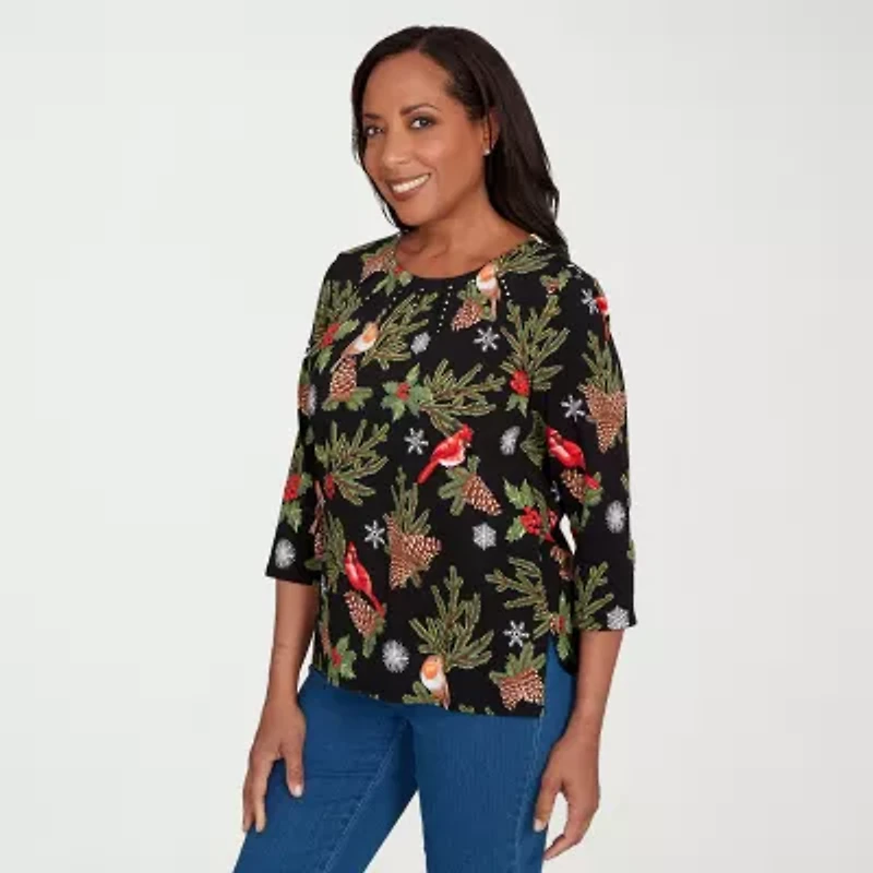 Alfred Dunner Classics Womens Crew Neck 3/4 Sleeve T-Shirt