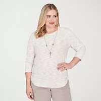 Alfred Dunner Calm Luxe Womens Crew Neck 3/4 Sleeve T-Shirt