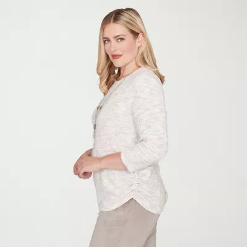 Alfred Dunner Calm Luxe Womens Crew Neck 3/4 Sleeve T-Shirt