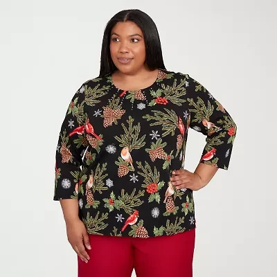 Alfred Dunner Classics Womens Plus Crew Neck 3/4 Sleeve T-Shirt