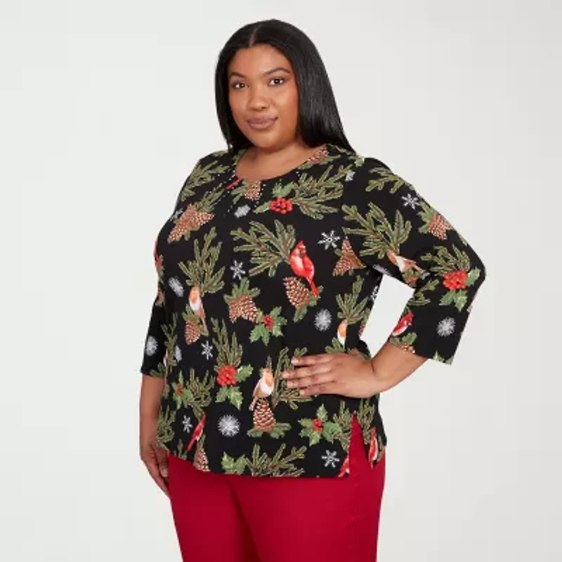 Alfred Dunner Classics Womens Plus Crew Neck 3/4 Sleeve T-Shirt