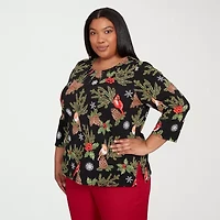 Alfred Dunner Classics Womens Plus Crew Neck 3/4 Sleeve T-Shirt