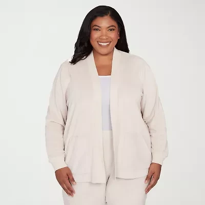 Alfred Dunner Calm Luxe Womens Plus Long Sleeve Open Front Cardigan