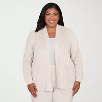 Alfred Dunner Calm Luxe Womens Plus Long Sleeve Open Front Cardigan