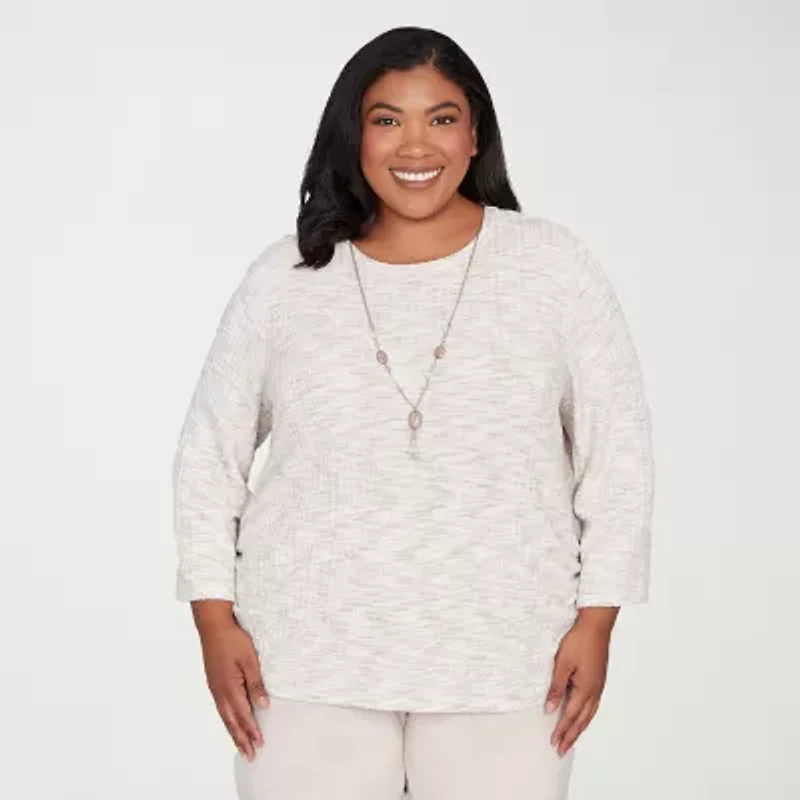 Alfred Dunner Calm Luxe Womens Plus Crew Neck 3/4 Sleeve T-Shirt