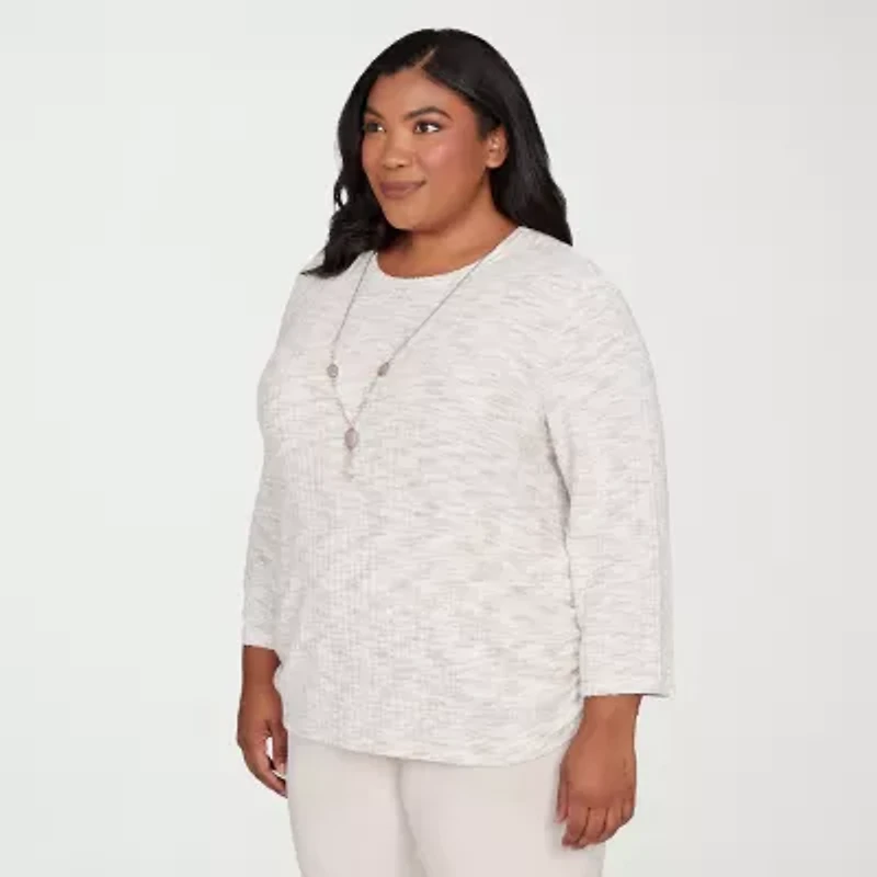 Alfred Dunner Calm Luxe Womens Plus Crew Neck 3/4 Sleeve T-Shirt