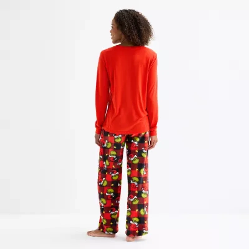 Womens Dr. Seuss Grinch Microfleece Crew Neck Long Sleeve 2-pc. Matching Family Plus Pajama Sets