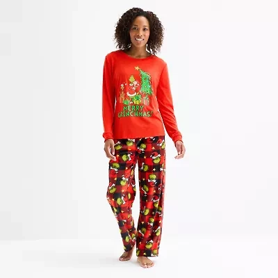 Womens Dr. Seuss Grinch Microfleece Crew Neck Long Sleeve 2-pc. Matching Family Plus Pajama Sets