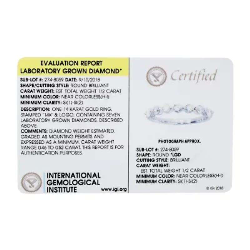 Grown With Love Womens 1/2 CT. T.W. Lab Grown White Diamond 14K White Gold Wedding Band