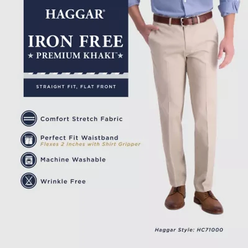 Haggar Iron Free Premium Khaki Mens Comfort Waistband Straight Fit Flat Front Pant