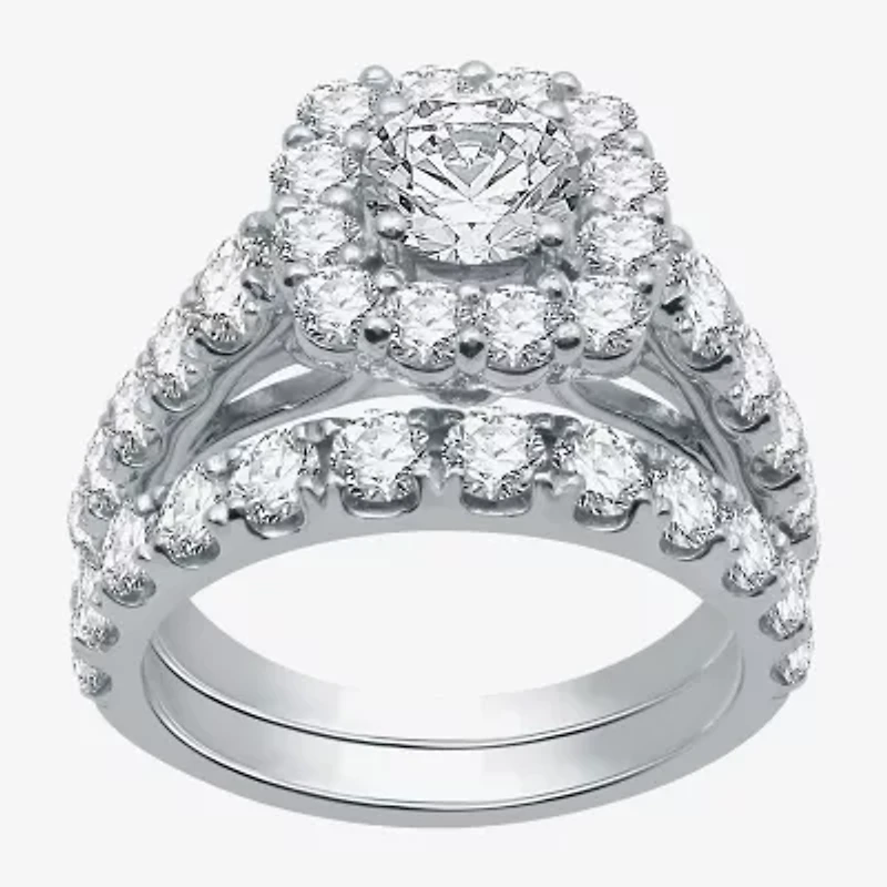 (H-I / I1) Womens 4 CT. T.W. Lab Grown White Diamond 10K Gold Cushion Side Stone Halo Bridal Set