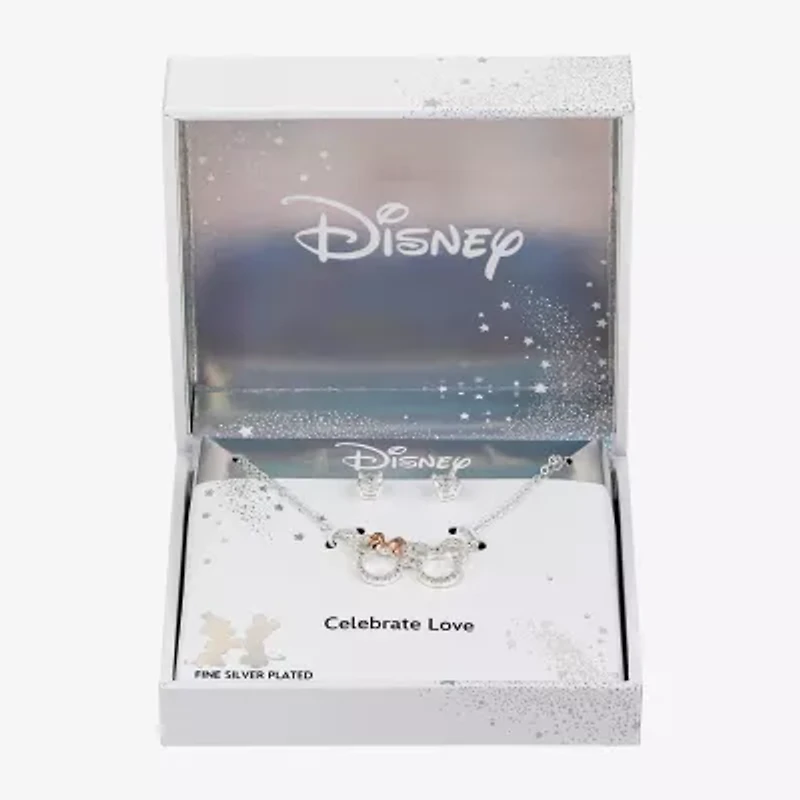 Disney Classics Womens Cubic Zirconia 14k Rose Gold Over Brass Pure Silver Over Brass Mickey Mouse Minnie Mouse 2-pc. Jewelry Set