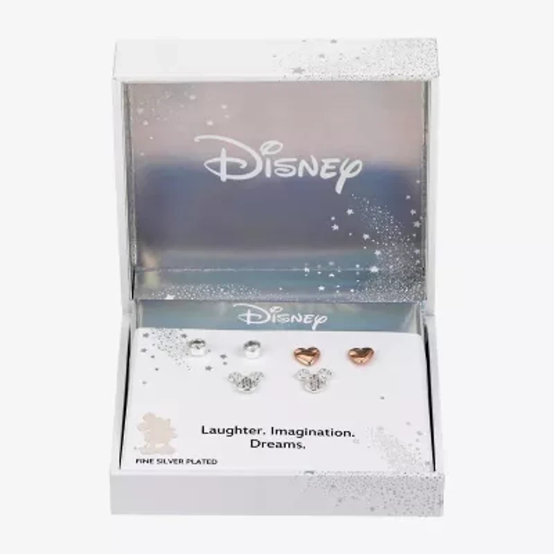 Disney Classics Womens Cubic Zirconia 14k Rose Gold Over Brass Heart Mickey Mouse 3 Pair Earring Set