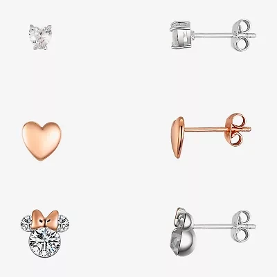 Disney Classics Womens Cubic Zirconia 14k Rose Gold Over Brass Heart Minnie Mouse 3 Pair Earring Set