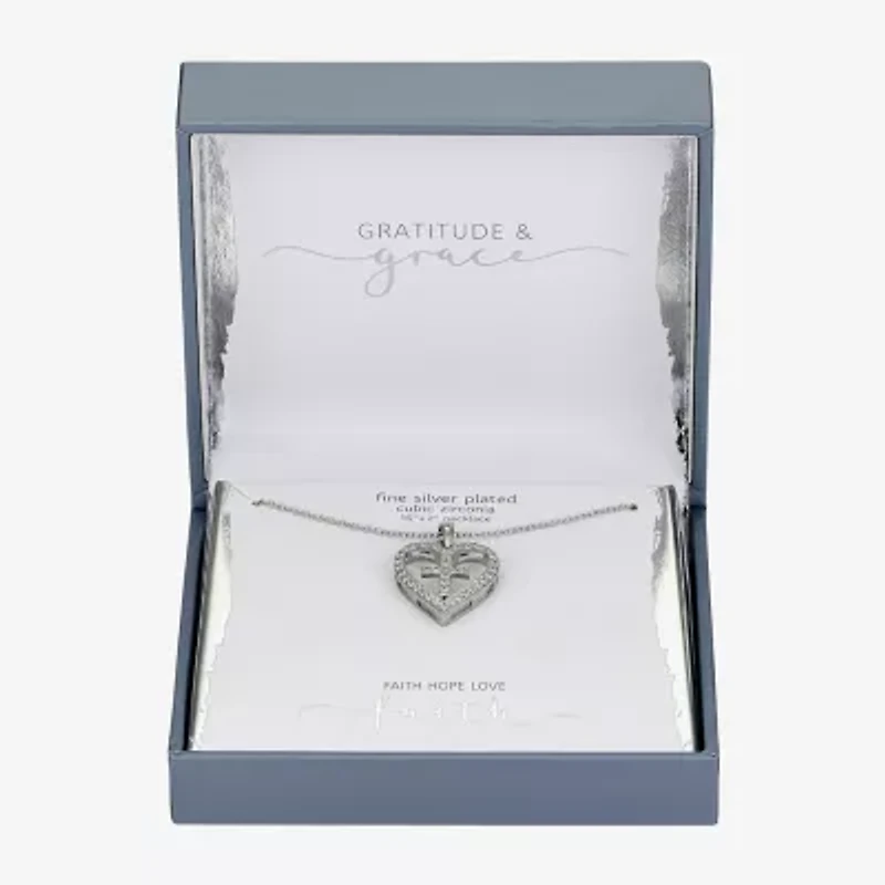 Gratitude & Grace Faith Womens Cubic Zirconia Pure Silver Over Brass Cross Heart 16 Inch Pendant Necklace