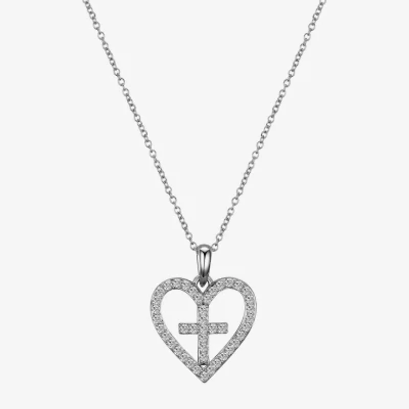 Gratitude & Grace Faith Womens Cubic Zirconia Pure Silver Over Brass Cross Heart 16 Inch Pendant Necklace