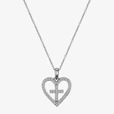Gratitude & Grace Faith Womens Cubic Zirconia Pure Silver Over Brass Cross Heart 16 Inch Pendant Necklace