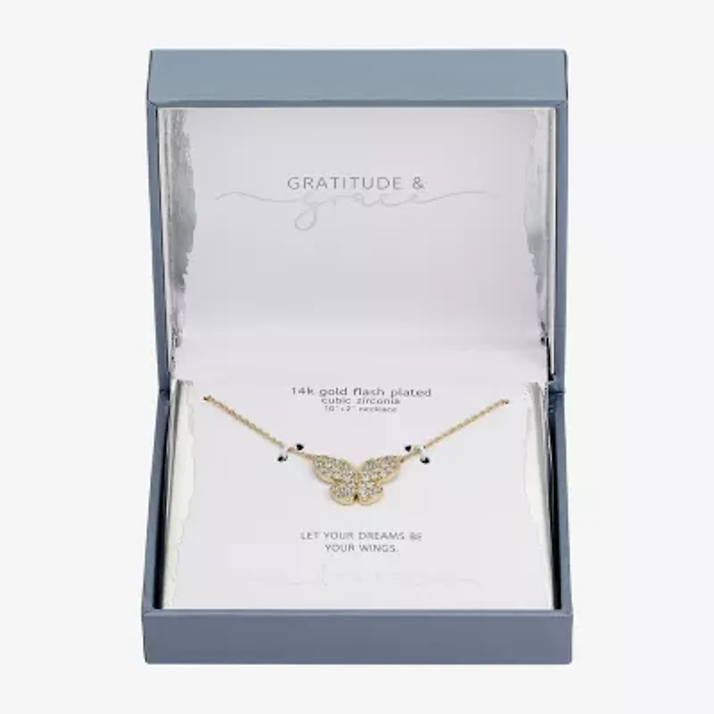 Gratitude & Grace Dream Womens Cubic Zirconia 14K Gold Over Brass Butterfly 16 Inch Pendant Necklace