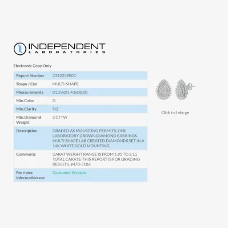 (G / Si2) Lab Grown White Diamond 14K Gold 20.1mm Pear Stud Earrings