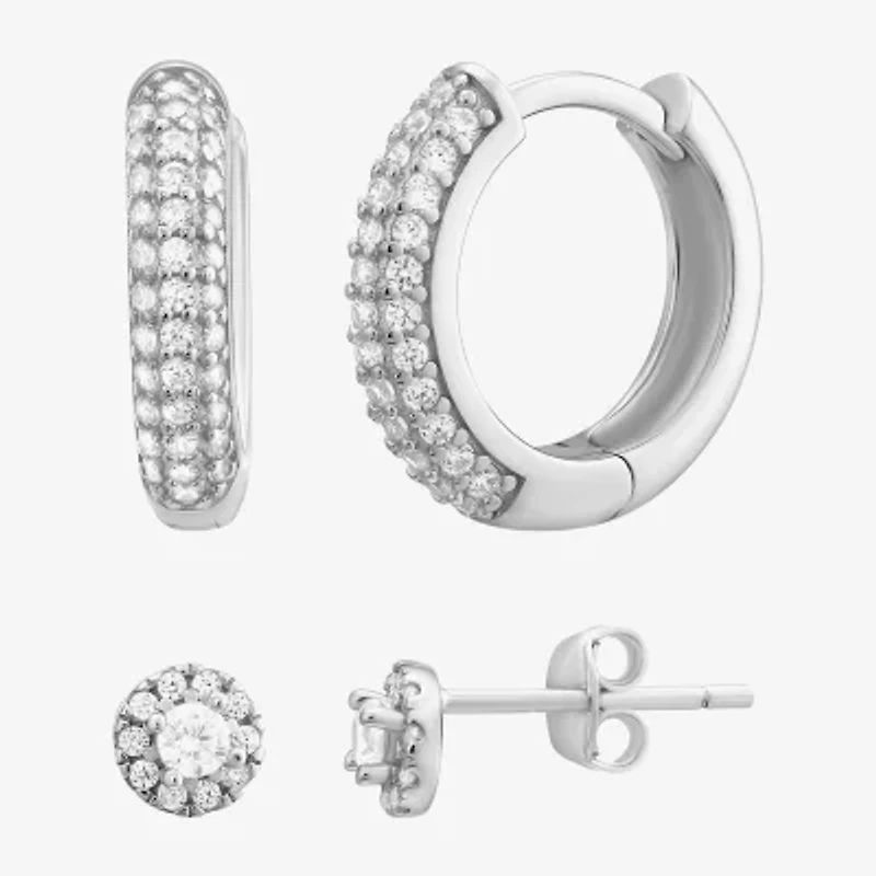 Womens Cubic Zirconia Sterling Silver 2 Pair Earring Set