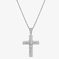 Mens White Cubic Zirconia Sterling Silver Cross 24 Inch Pendant Necklace