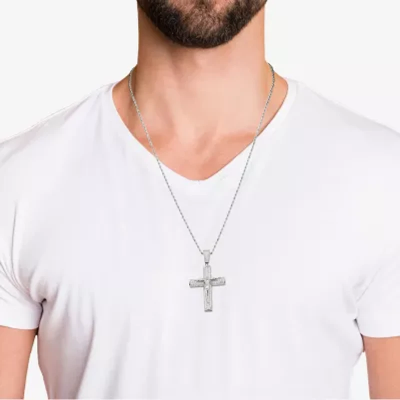 Mens White Cubic Zirconia Sterling Silver Cross 24 Inch Pendant Necklace