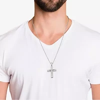 Mens White Cubic Zirconia Sterling Silver Cross 24 Inch Pendant Necklace