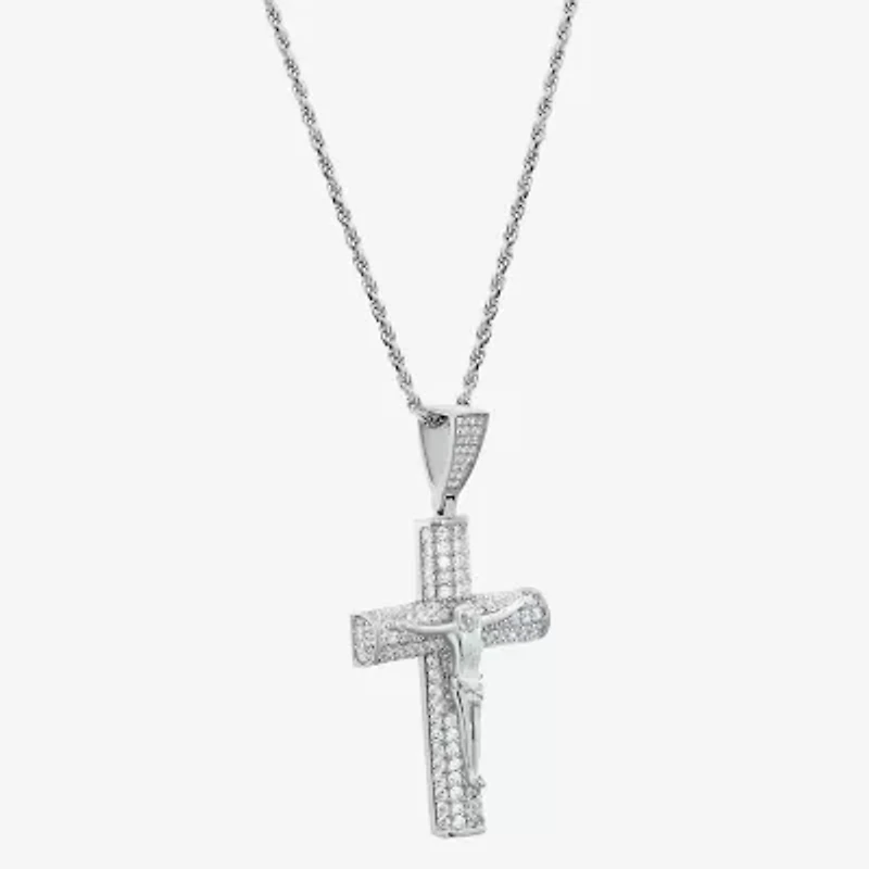 Mens White Cubic Zirconia Sterling Silver Cross 24 Inch Pendant Necklace