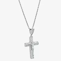 Mens White Cubic Zirconia Sterling Silver Cross 24 Inch Pendant Necklace