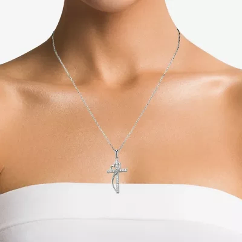Diamonart Womens White Cubic Zirconia Sterling Silver Cross Heart 18 Inch Pendant Necklace