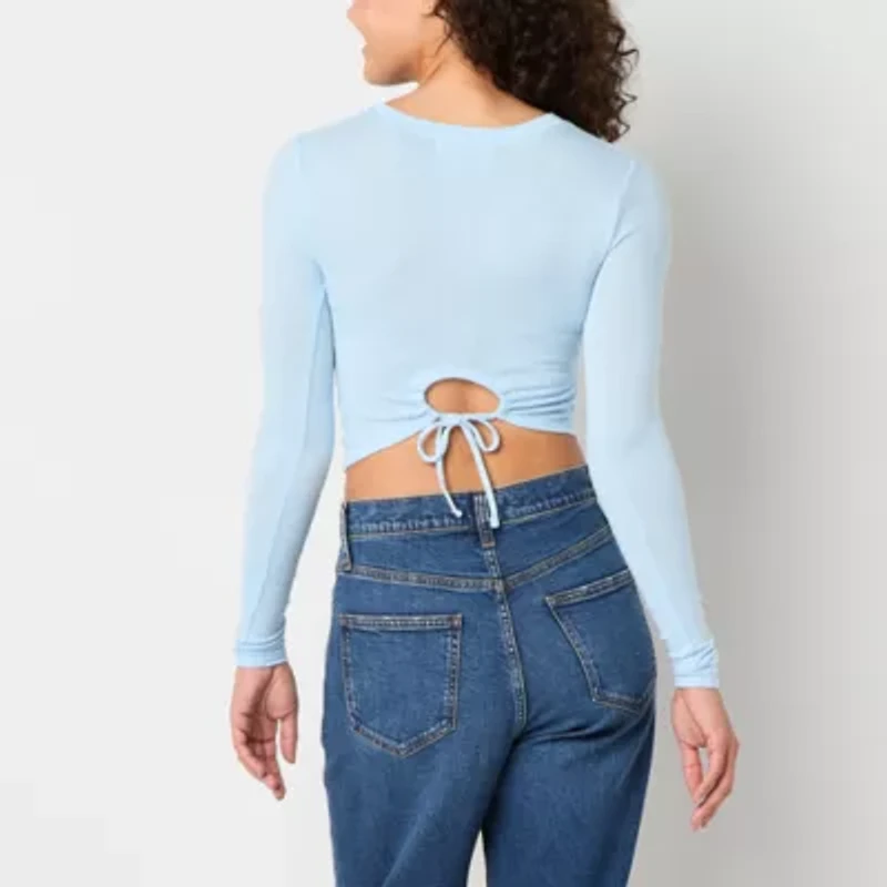 Arizona Cozy Tie Back Womens Crew Neck Long Sleeve Juniors T-Shirt