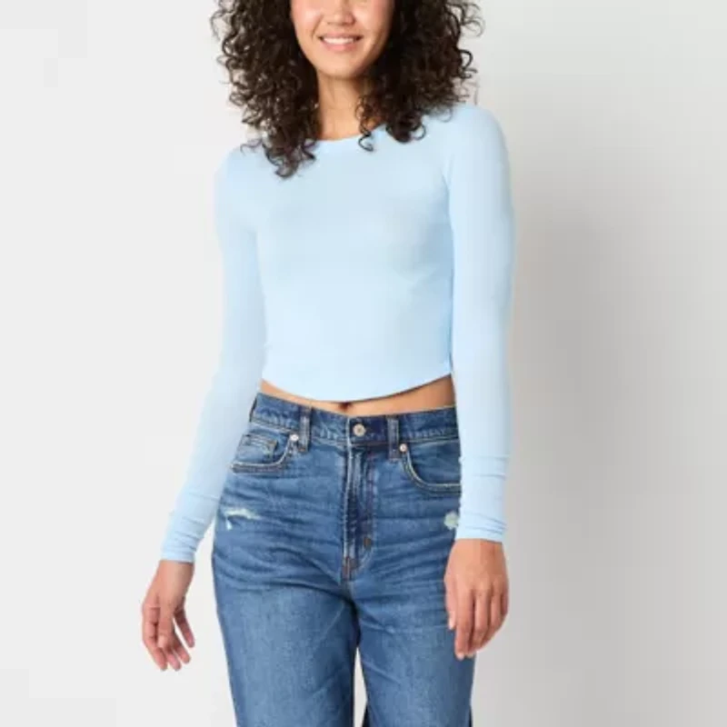 Arizona Cozy Tie Back Womens Crew Neck Long Sleeve Juniors T-Shirt
