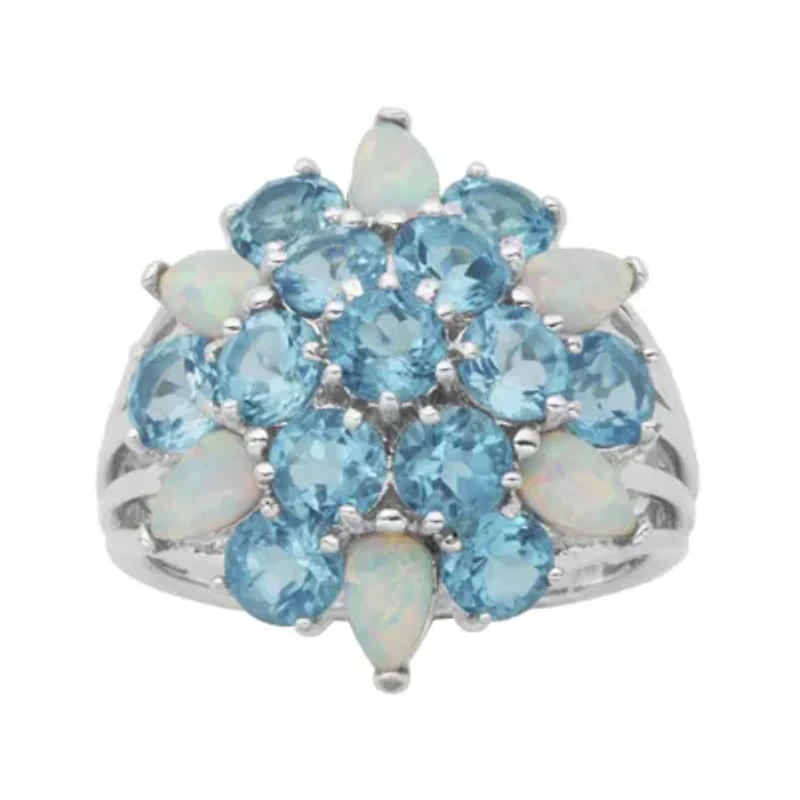 Genuine Swiss Blue Topaz and Lab-Created Opal Cluster Ring