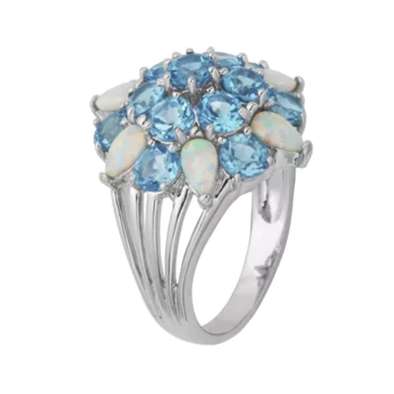 Genuine Swiss Blue Topaz and Lab-Created Opal Cluster Ring