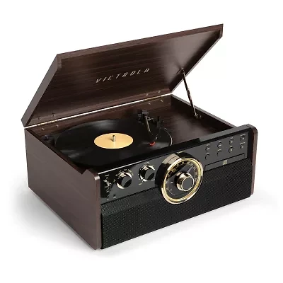 Victrola VTA-270B 6-in-1 Wood Bluetooth Mid-Century Record Player with 3-Speed Turntable, CD, Cassette and Radio