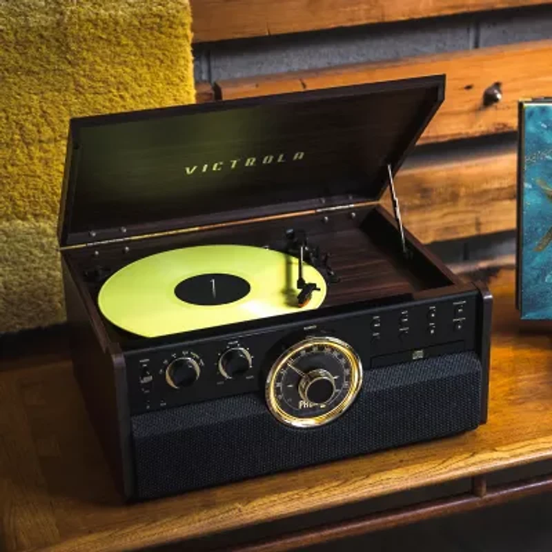 Victrola VTA-270B 6-in-1 Wood Bluetooth Mid-Century Record Player with 3-Speed Turntable, CD, Cassette and Radio