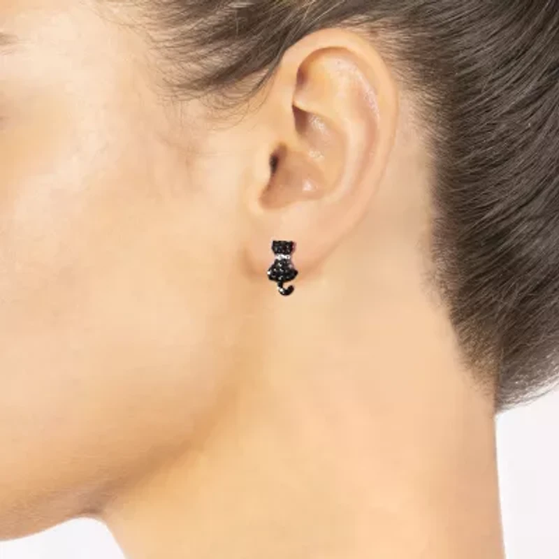 Silver Treasures Cat Black Crystal Sterling Silver 14.7mm Stud Earrings