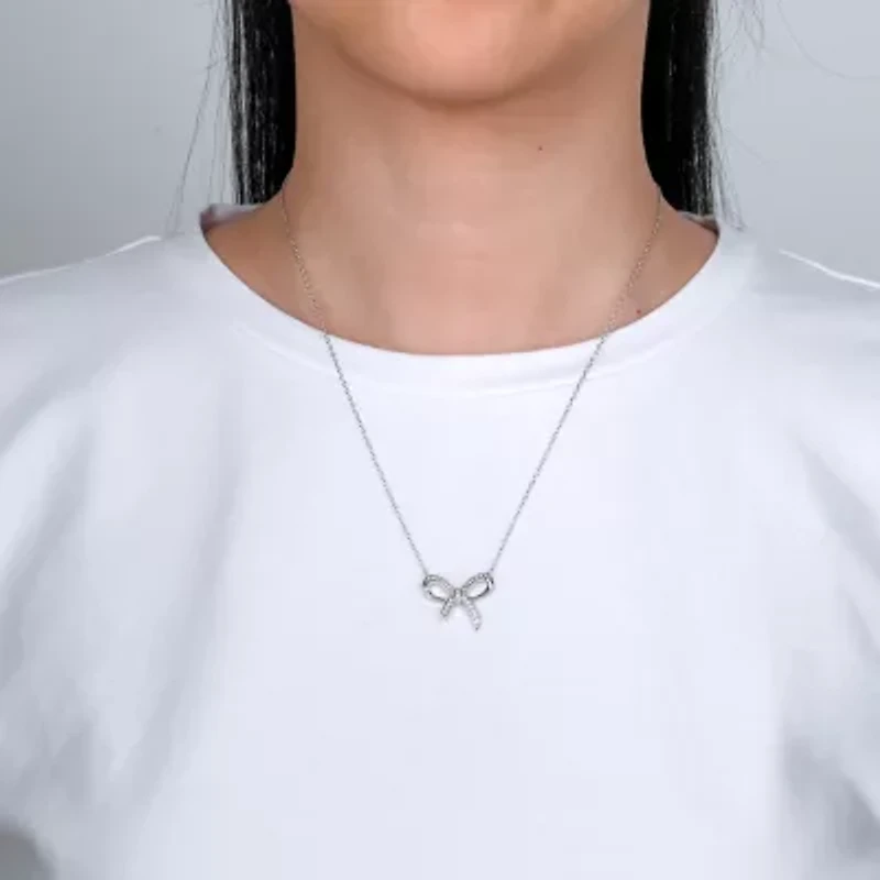 DiamonArt® Womens White Cubic Zirconia Sterling Silver Bow Pendant Necklace