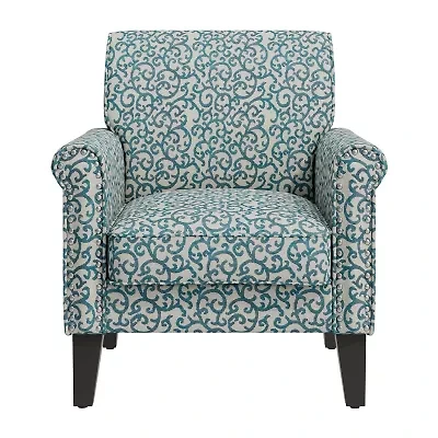 Jean Traditional Rolled Arm Accent Chair with Pewter Nailheads Curly Vine Pattern