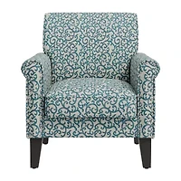 Jean Traditional Rolled Arm Accent Chair with Pewter Nailheads Curly Vine Pattern
