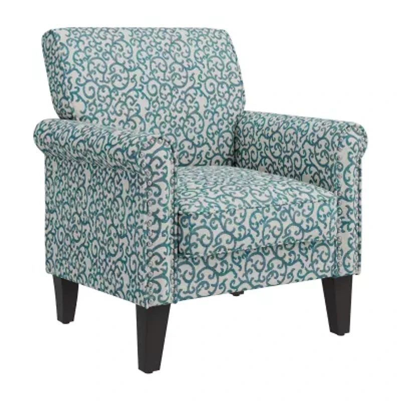 Jean Traditional Rolled Arm Accent Chair with Pewter Nailheads Curly Vine Pattern
